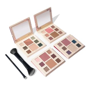 The 6pc Laura Geller Party Perfect Kit includes three makeup palettes with various shades for eyes, cheeks, and face, featuring mirrors in the lids, along with two different makeup brushes for application.