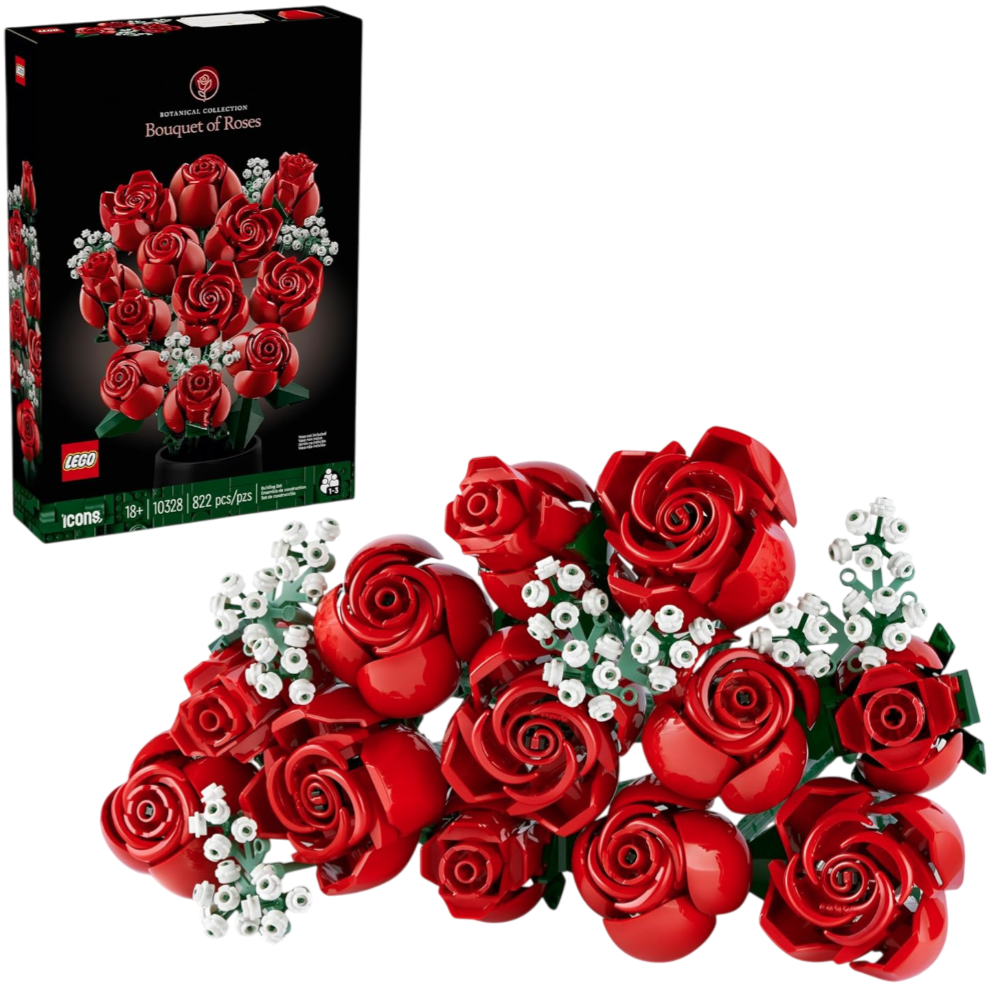 LEGO Icons Botanical Collection: Bouquet of Roses set, model number 10328, consisting of 822 pieces, featuring realistic red roses and white flowers designed for ages 18 and up.