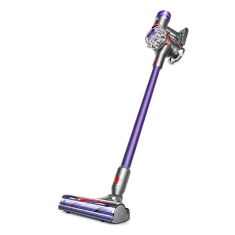 Dyson Cordless Vacuum features a sleek purple design with a long handle and motorized cleaner head, offering convenient wireless cleaning.