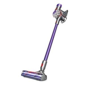 Dyson Cordless Vacuum features a sleek purple design with a long handle and motorized cleaner head, offering convenient wireless cleaning.