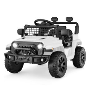 A white, toy ride-on car resembling an off-road vehicle, featuring large black tires, a steering wheel, and working headlights.