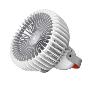 Sharper Image by Vornado Cordless Fan features a compact, modern design with a spiral grill and a muted white and gray color scheme. It's portable and adjustable, ideal for personal cooling needs.