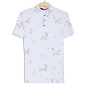 White polo shirt with a pattern of pastel-colored vans and palm trees spread across the fabric. Features a classic collar and three-button placket.