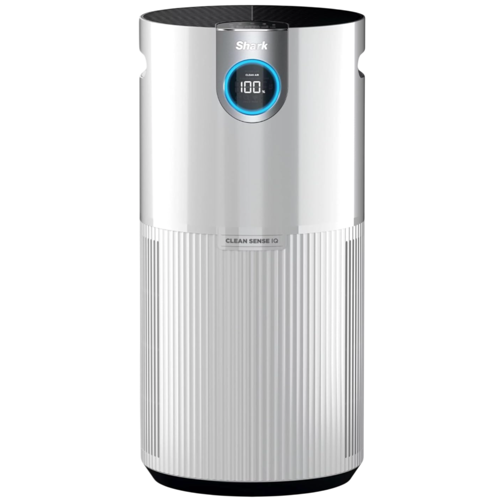 Shark air purifier with Clean Sense IQ technology, featuring a digital display showing 100% clean air.