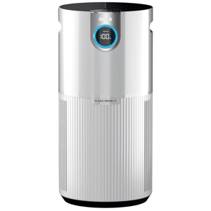 Shark air purifier with Clean Sense IQ technology, featuring a digital display showing 100% clean air.