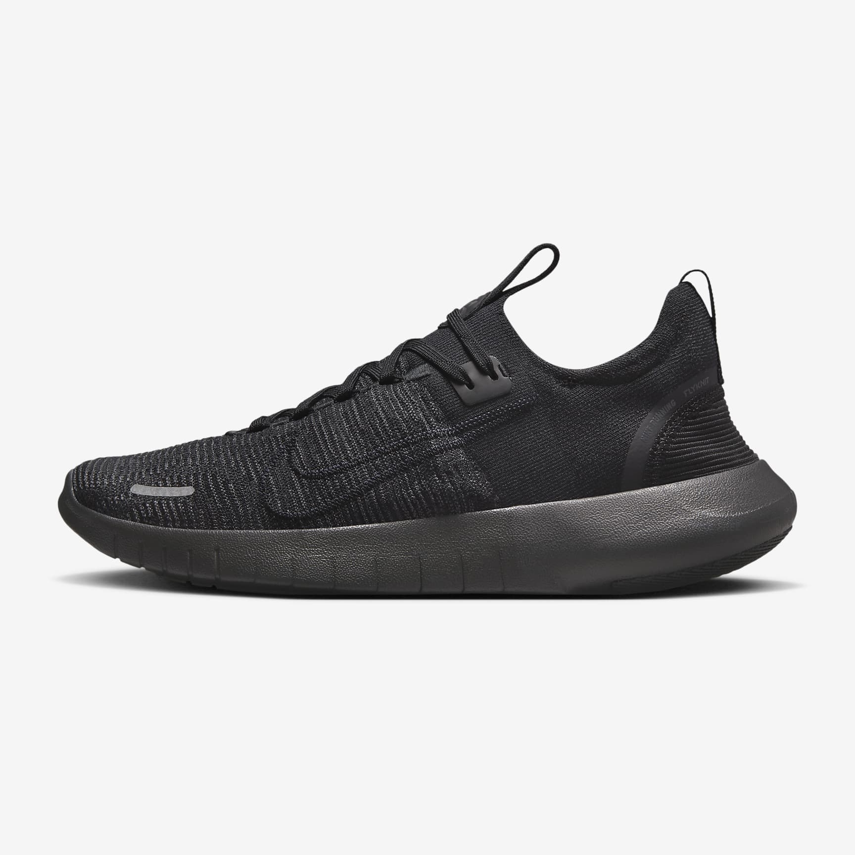 Black athletic sneaker with a knit upper and a rubber outsole.