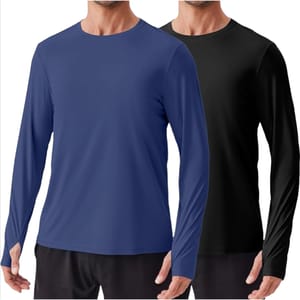 Two men wearing long-sleeve crew neck shirts, one in blue and the other in black, paired with black pants.