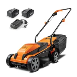 A cordless orange and black lawnmower with a rear grass collector is shown, accompanied by two batteries and a charger.