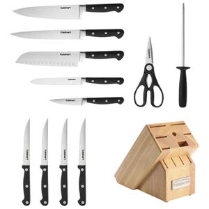 A knife set including a chef's knife, slicing knife, Santoku knife, serrated utility knife, paring knife, four steak knives, kitchen shears, honing steel, and a wooden block for storage.