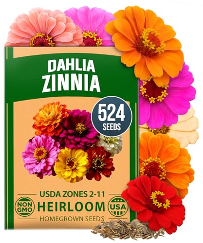 Dahlia Zinnia seeds pack with 524 non-GMO, heirloom seeds suitable for USDA zones 2-11, featuring colorful zinnias in pink, orange, red, yellow, and purple.