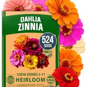 Dahlia Zinnia seeds pack with 524 non-GMO, heirloom seeds suitable for USDA zones 2-11, featuring colorful zinnias in pink, orange, red, yellow, and purple.