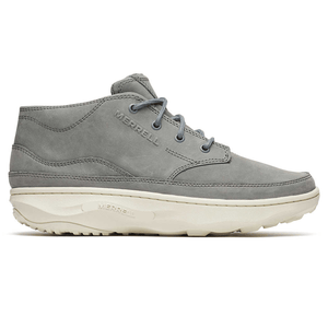 Merrell gray mid-top shoe with a suede finish, featuring a chunky white sole and lace-up design.