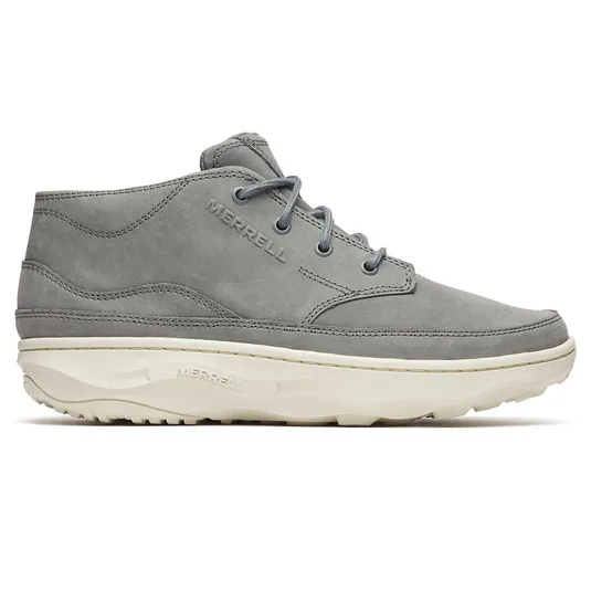 Merrell gray mid-top shoe with a suede finish, featuring a chunky white sole and lace-up design.