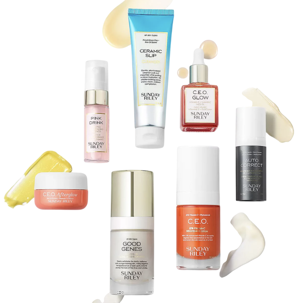Sunday Riley skincare set featuring Pink Drink essence, Ceramic Slip cleanser, C.E.O. Glow oil, Auto Correct eye cream, Good Genes treatment, C.E.O. serum, and C.E.O. Afterglow cream.