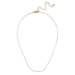 A delicate gold chain necklace with small opalescent beads interspersed along its length, featuring an adjustable chain clasp.