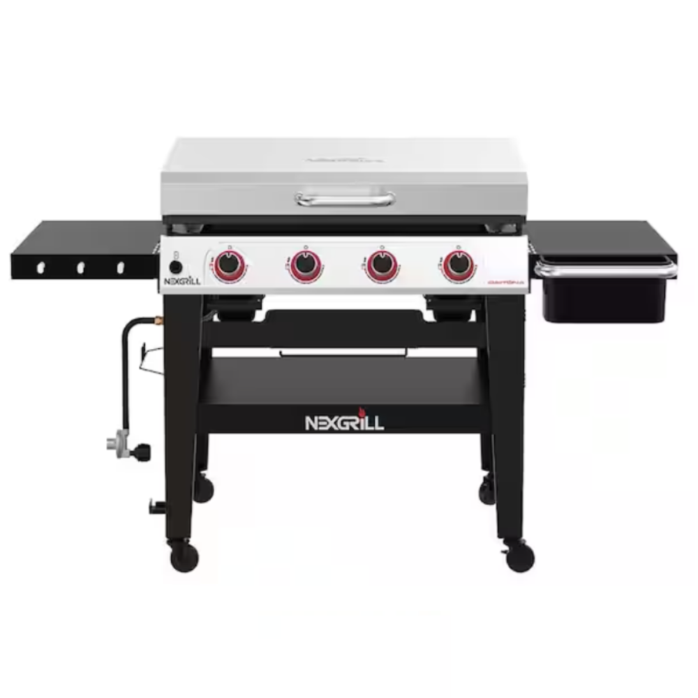 Nexgrill 4-burner propane gas grill with foldable side shelves, storage area underneath, and lid handle. Equipped with four control knobs and a drip tray.