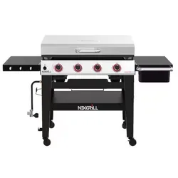 Nexgrill 4-burner propane gas grill with foldable side shelves, storage area underneath, and lid handle. Equipped with four control knobs and a drip tray.