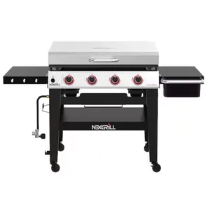 Nexgrill 4-burner propane gas grill with foldable side shelves, storage area underneath, and lid handle. Equipped with four control knobs and a drip tray.
