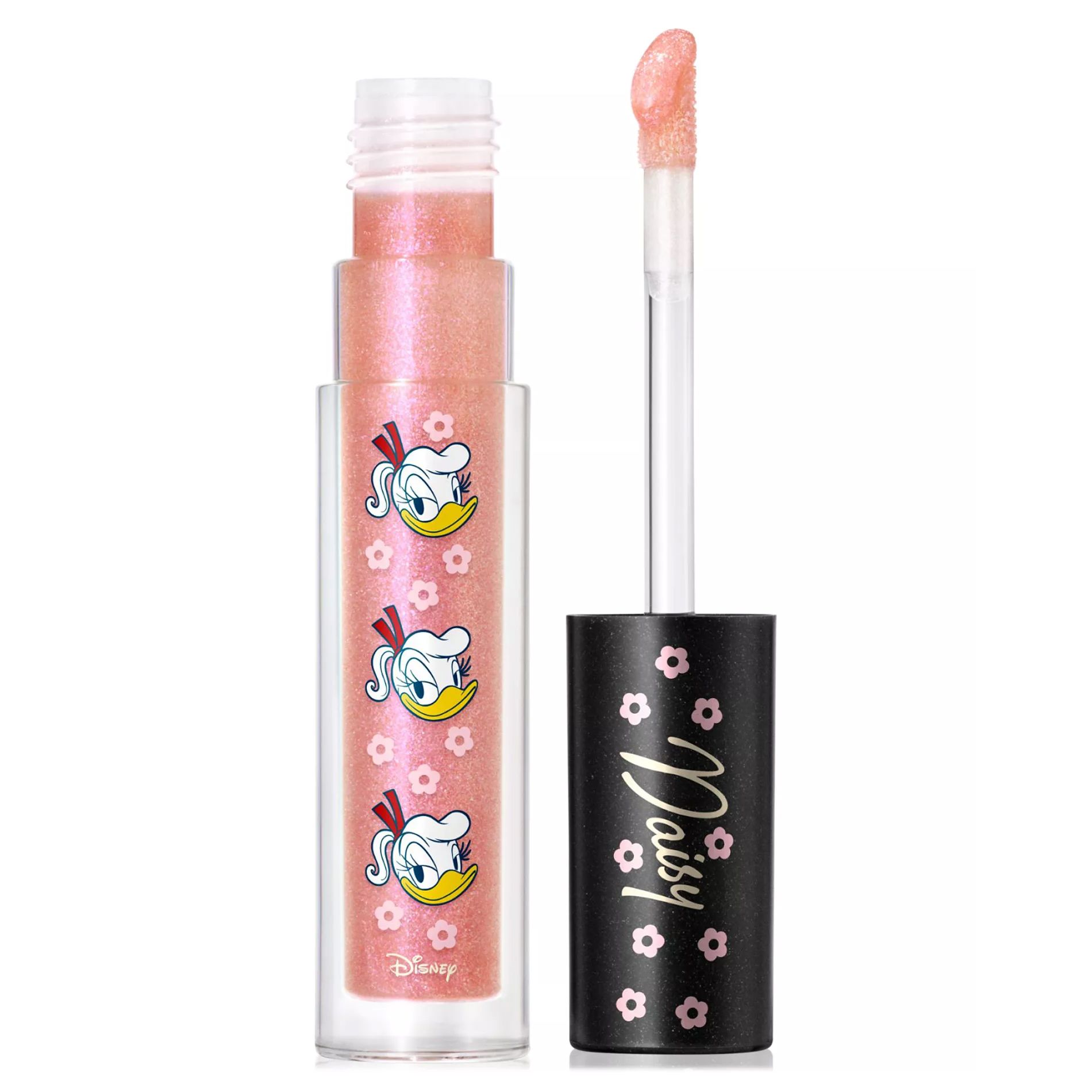A lip gloss featuring a shimmery pink color with Daisy Duck illustrations. The cap is black with pink flowers and \“Daisy\“ written on it.