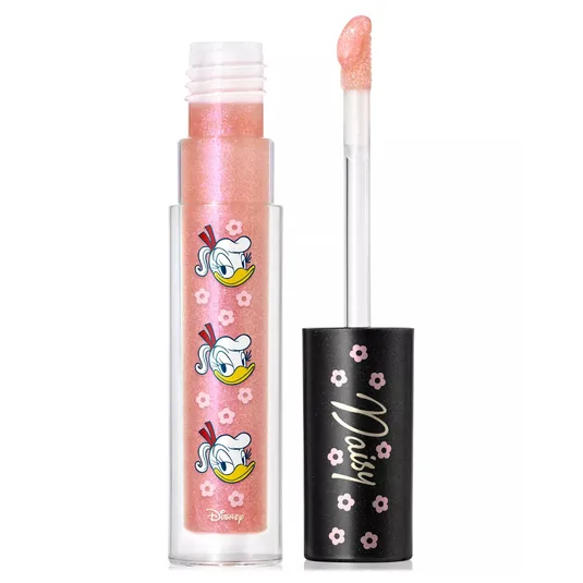 A lip gloss featuring a shimmery pink color with Daisy Duck illustrations. The cap is black with pink flowers and \“Daisy\“ written on it.