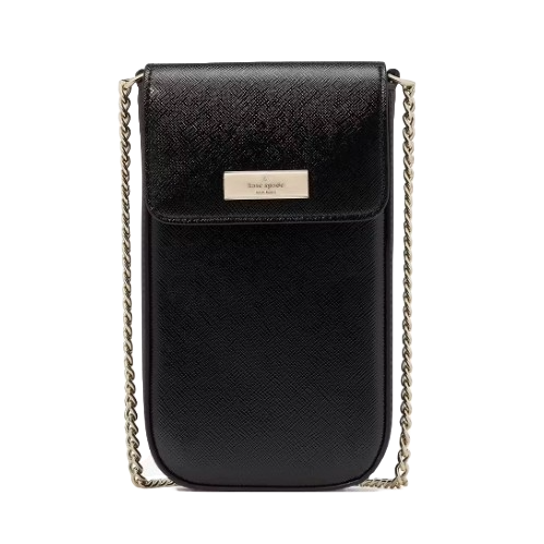A black leather phone crossbody bag with a gold chain strap and a small metal label on the flap.