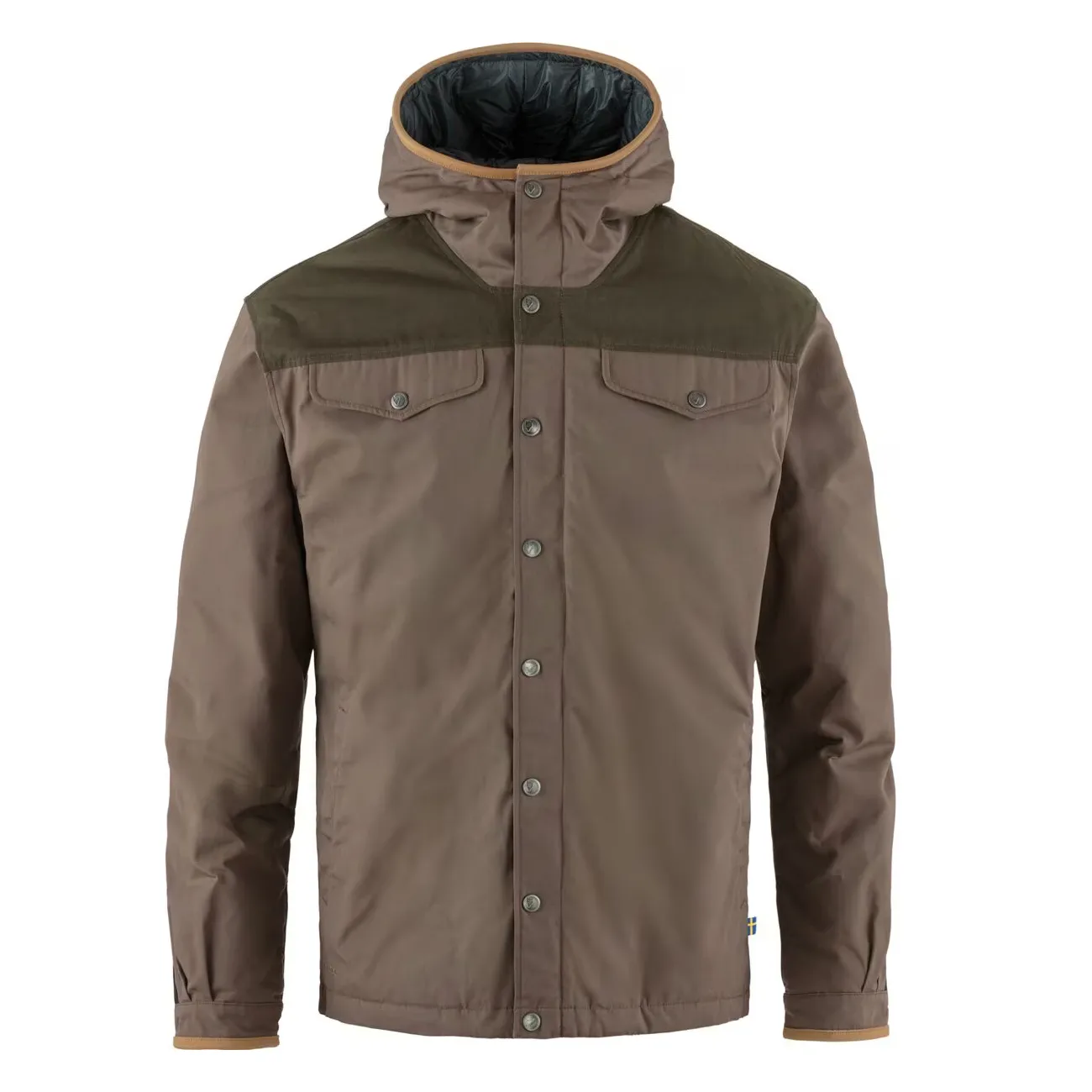 Brown hooded jacket with a dark green yoke and snap button closure, featuring two chest pockets and a lined hood.