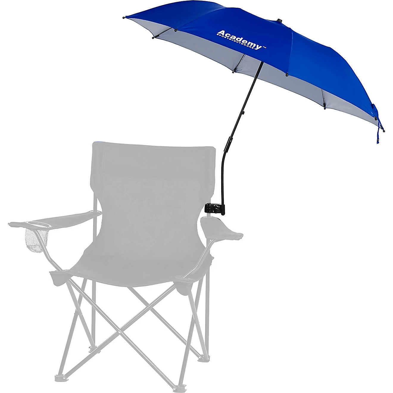A blue umbrella attached to a folding camping chair, providing sunshade with a clamp and adjustable arm. The chair is shown in grayscale but detailed enough to distinguish its features.