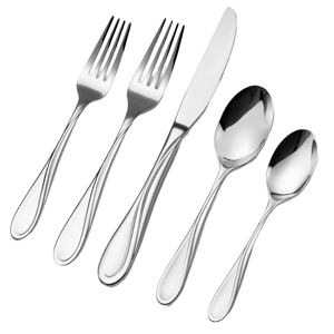 A set of stainless steel cutlery consisting of two forks, one knife, and two spoons with a curved, modern design.