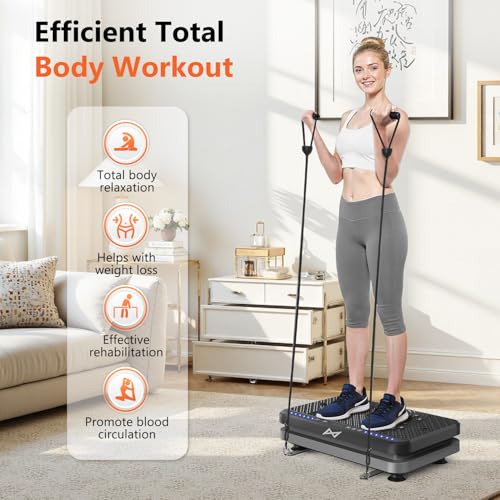 A woman exercises on a vibration platform with resistance bands in a home setting, promoting total body workout, relaxation, weight loss, rehabilitation, and blood circulation.