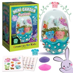 Mini Garden Axolotl by Creativity for Kids is a DIY terrarium kit featuring glow-in-the-dark elements, decorations, and quick-growing seeds designed for children ages 6 and up.