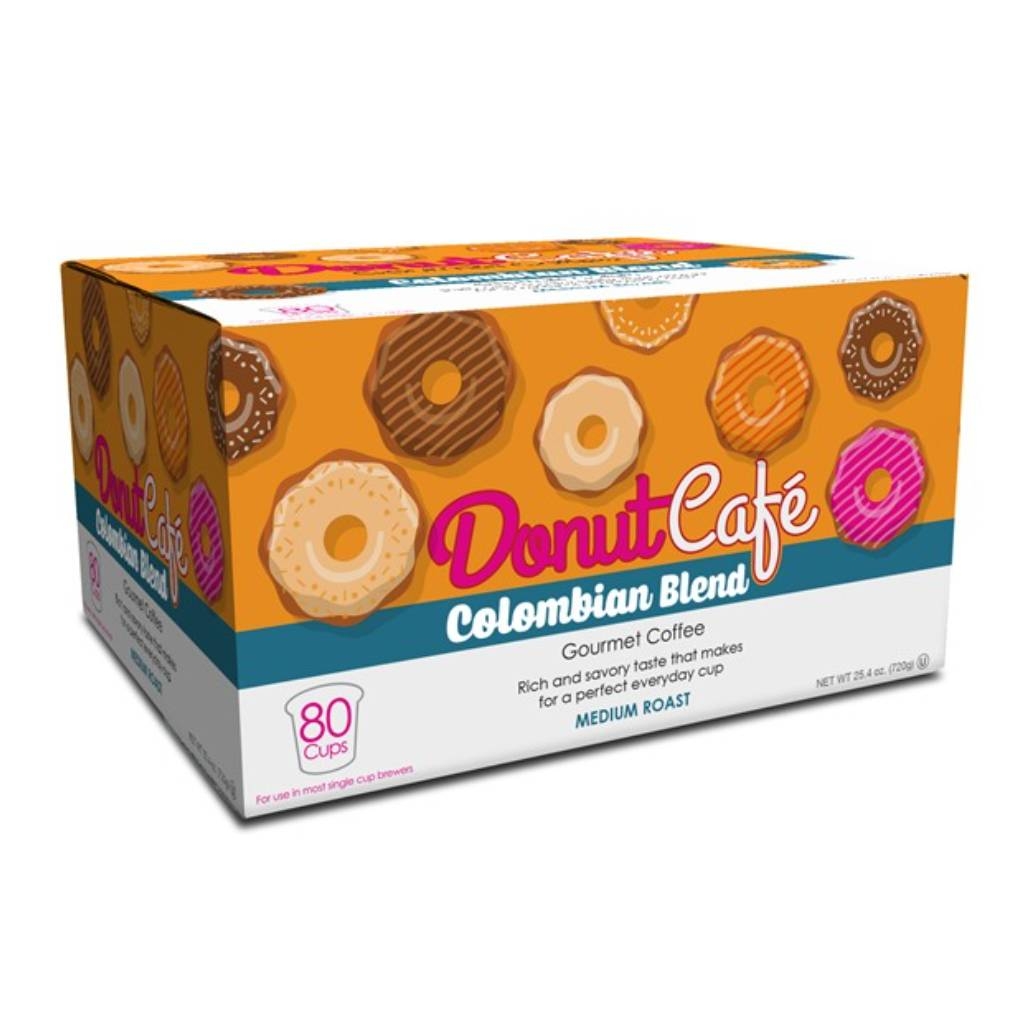 Box of DonutCafe Colombian Blend gourmet coffee pods, medium roast, offering 80 cups. The packaging features a variety of donut designs.