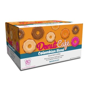Box of DonutCafe Colombian Blend gourmet coffee pods, medium roast, offering 80 cups. The packaging features a variety of donut designs.