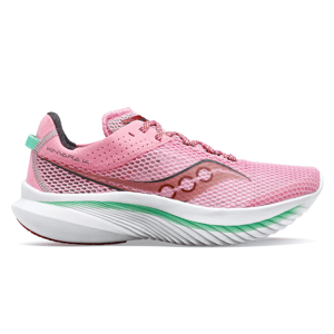 Pink running shoe with white outsole and green accents, labeled \“KINVARA 12.\“