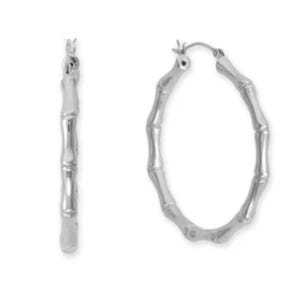 Silver hoop earrings with an irregular, organic bamboo-like design, featuring a latch back closure.
