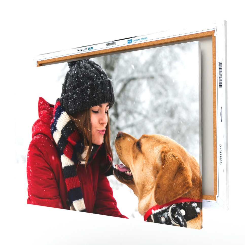 A 24\“ x 36\“ canvas print features a person in a red coat and black hat, affectionately interacting with a happy brown dog wearing a red collar, set against a snowy background.