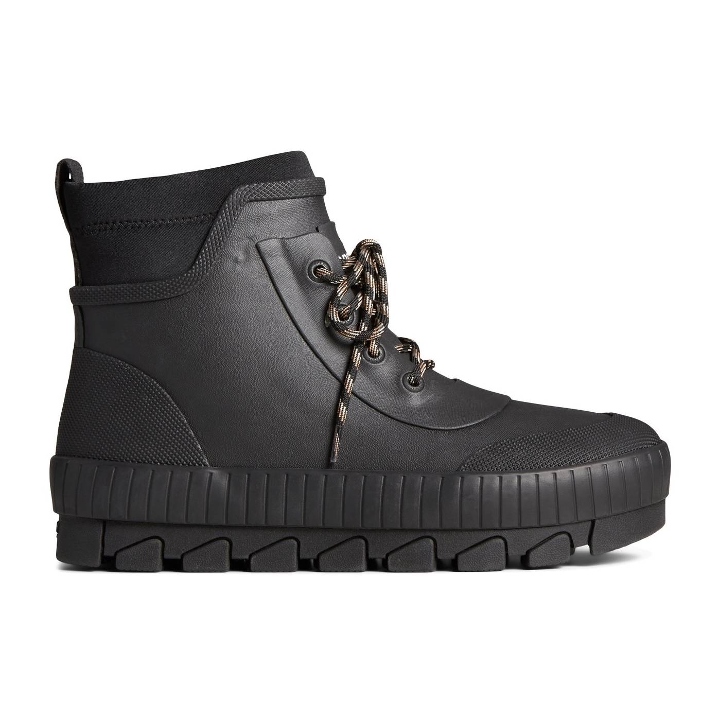 Black ankle-high laced boot with a chunky, treaded sole and textured detailing around the heel.
