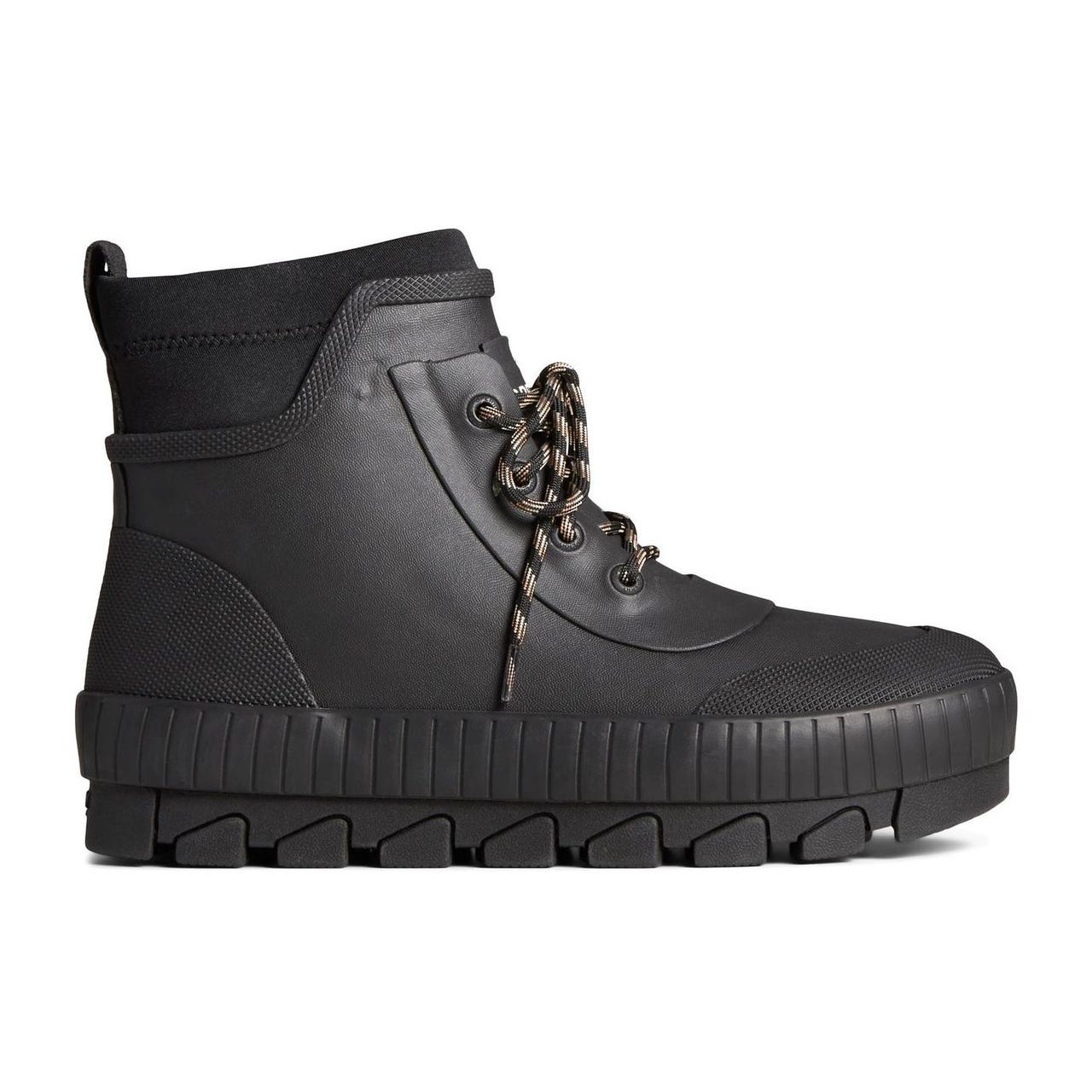 Black ankle-high laced boot with a chunky, treaded sole and textured detailing around the heel.