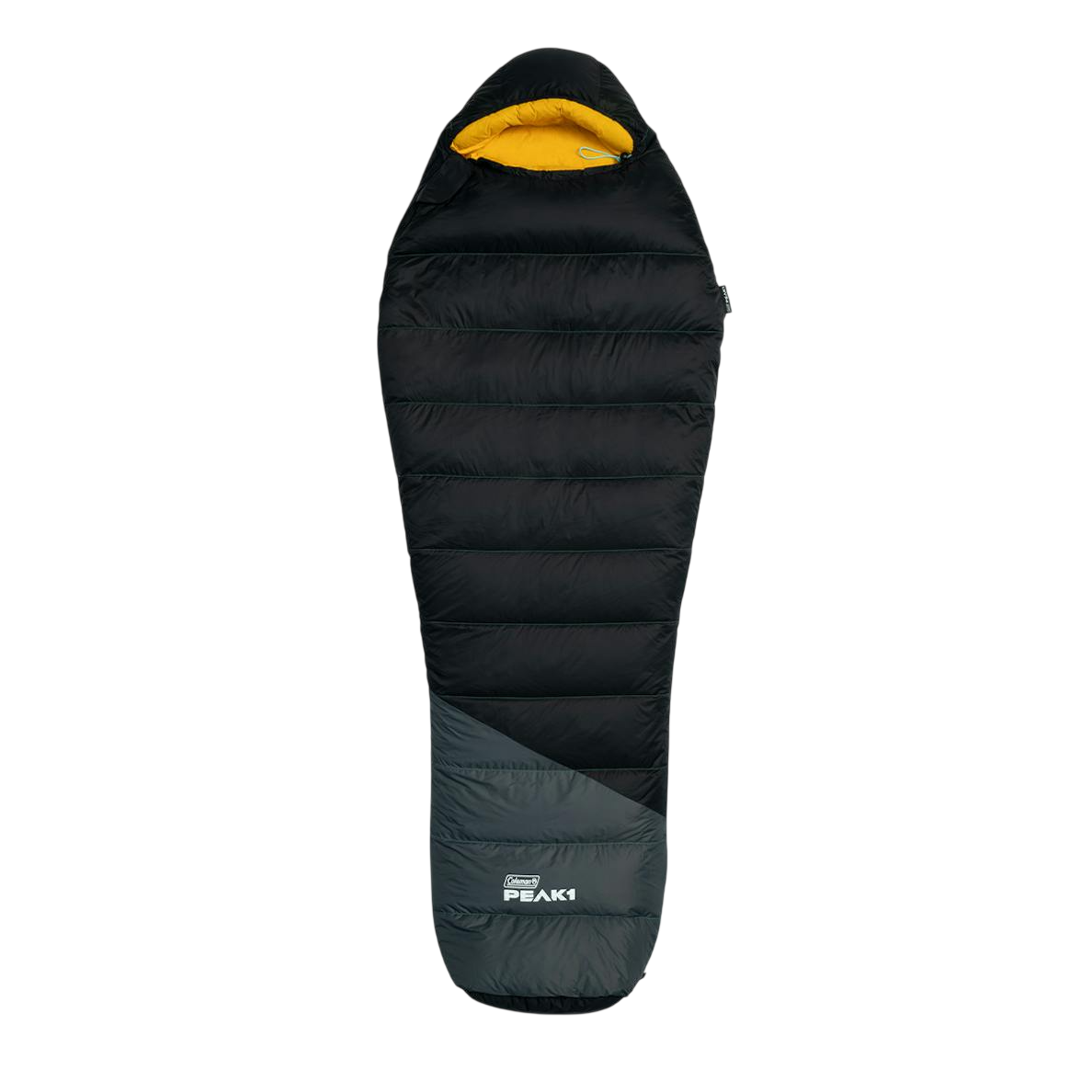 A black and gray mummy-style sleeping bag with a yellow interior, featuring the brand \“Peak 1.\“