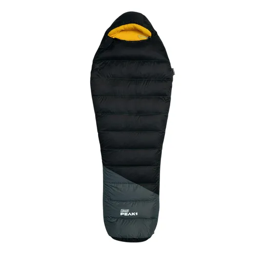 A black and gray mummy-style sleeping bag with a yellow interior, featuring the brand \“Peak 1.\“