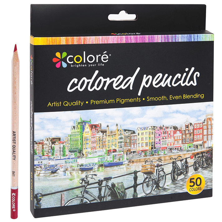 Colore colored pencils set, featuring 50 colors, with artist-quality pigments for smooth blending. The packaging showcases a colorful cityscape and highlights features like premium pigments and smooth application.