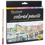 Colore colored pencils set, featuring 50 colors, with artist-quality pigments for smooth blending. The packaging showcases a colorful cityscape and highlights features like premium pigments and smooth application.
