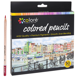 Colore colored pencils set, featuring 50 colors, with artist-quality pigments for smooth blending. The packaging showcases a colorful cityscape and highlights features like premium pigments and smooth application.