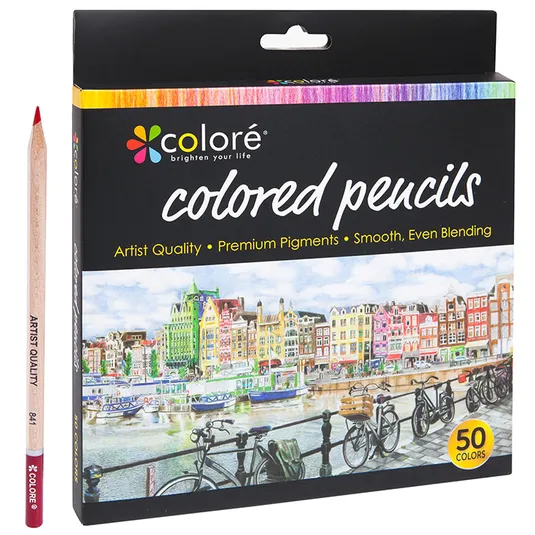 Colore colored pencils set, featuring 50 colors, with artist-quality pigments for smooth blending. The packaging showcases a colorful cityscape and highlights features like premium pigments and smooth application.