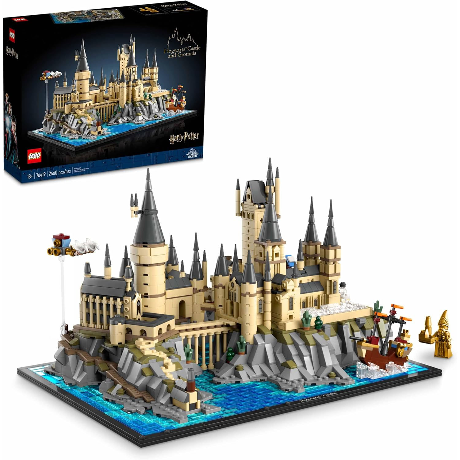 LEGO set of Hogwarts Castle and Grounds featuring detailed architecture, turrets, and surrounding landscape from the Harry Potter series, with 2660 pieces suitable for ages 18+.