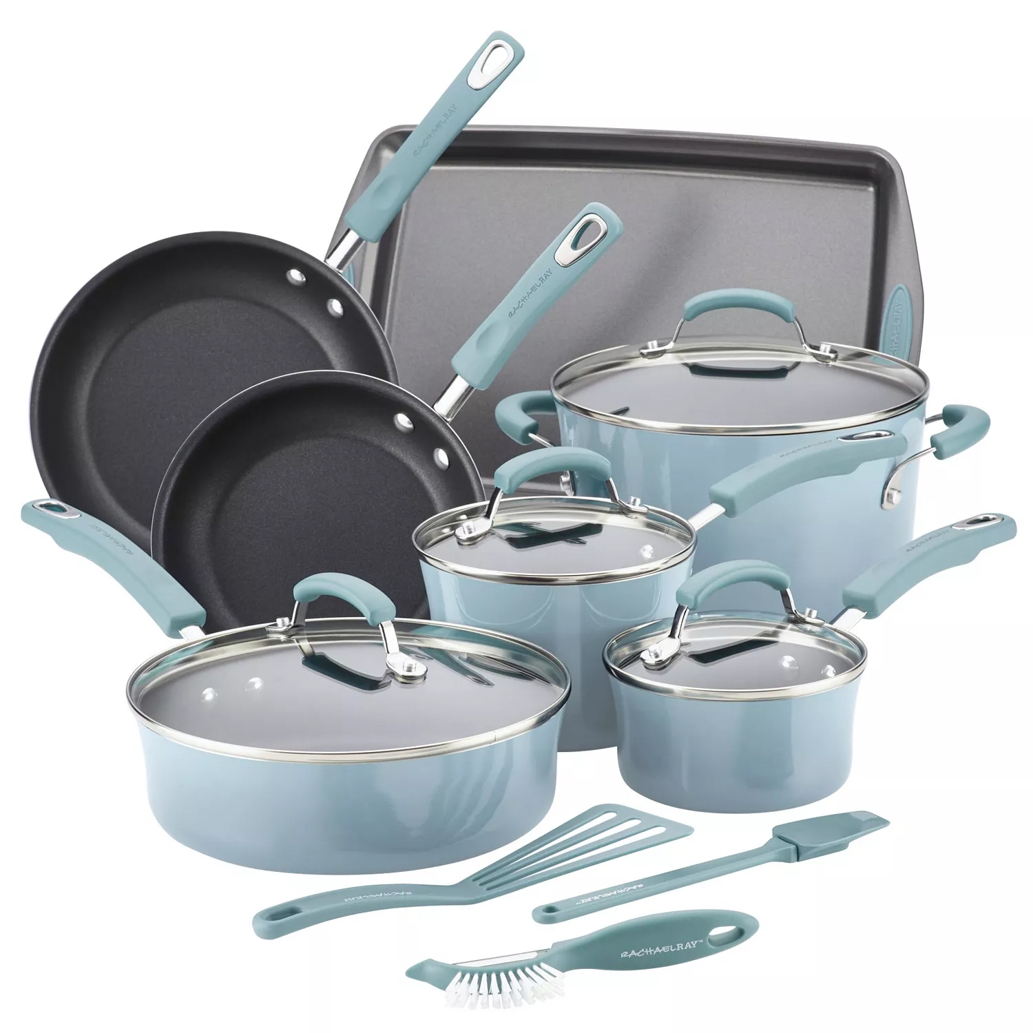 Cookware set including two frying pans, a saucepan, two pots with lids, a sauté pan with lid, a baking sheet, and utensils (spatula, brush, and scrubber). The handles and accessories are in a light blue color.