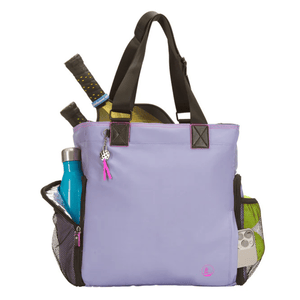 A lilac tennis tote bag with black handles features mesh side pockets holding a water bottle and tennis balls, plus two rackets in the main compartment.