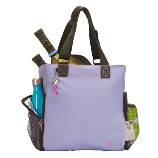 A lilac tennis tote bag with black handles features mesh side pockets holding a water bottle and tennis balls, plus two rackets in the main compartment.