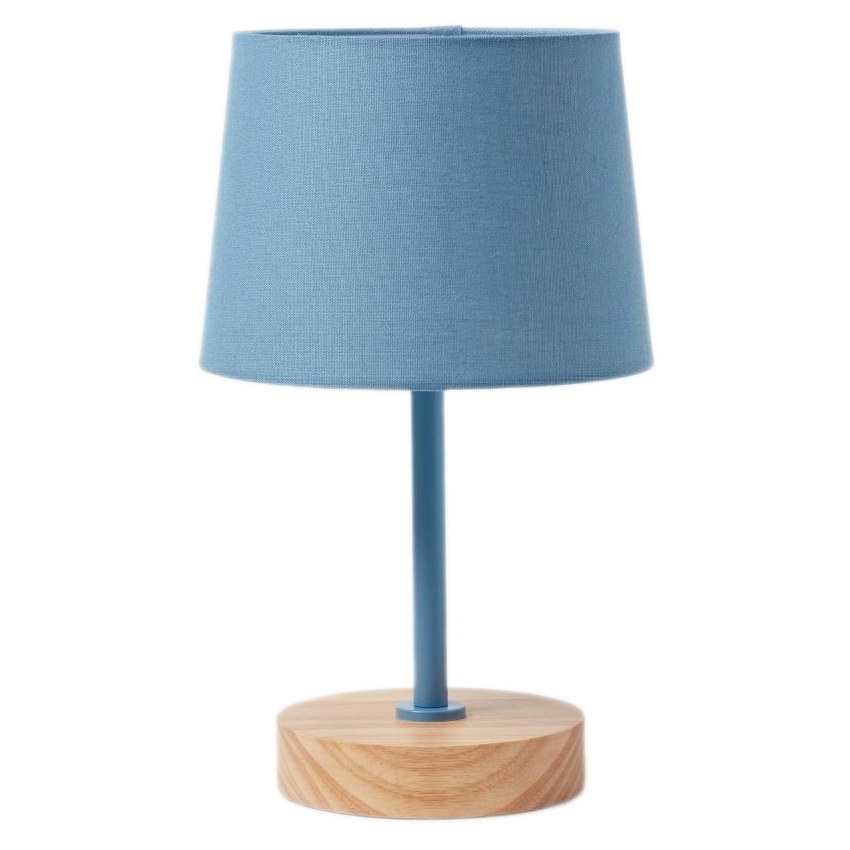 A table lamp with a blue fabric shade and cylindrical wooden base.