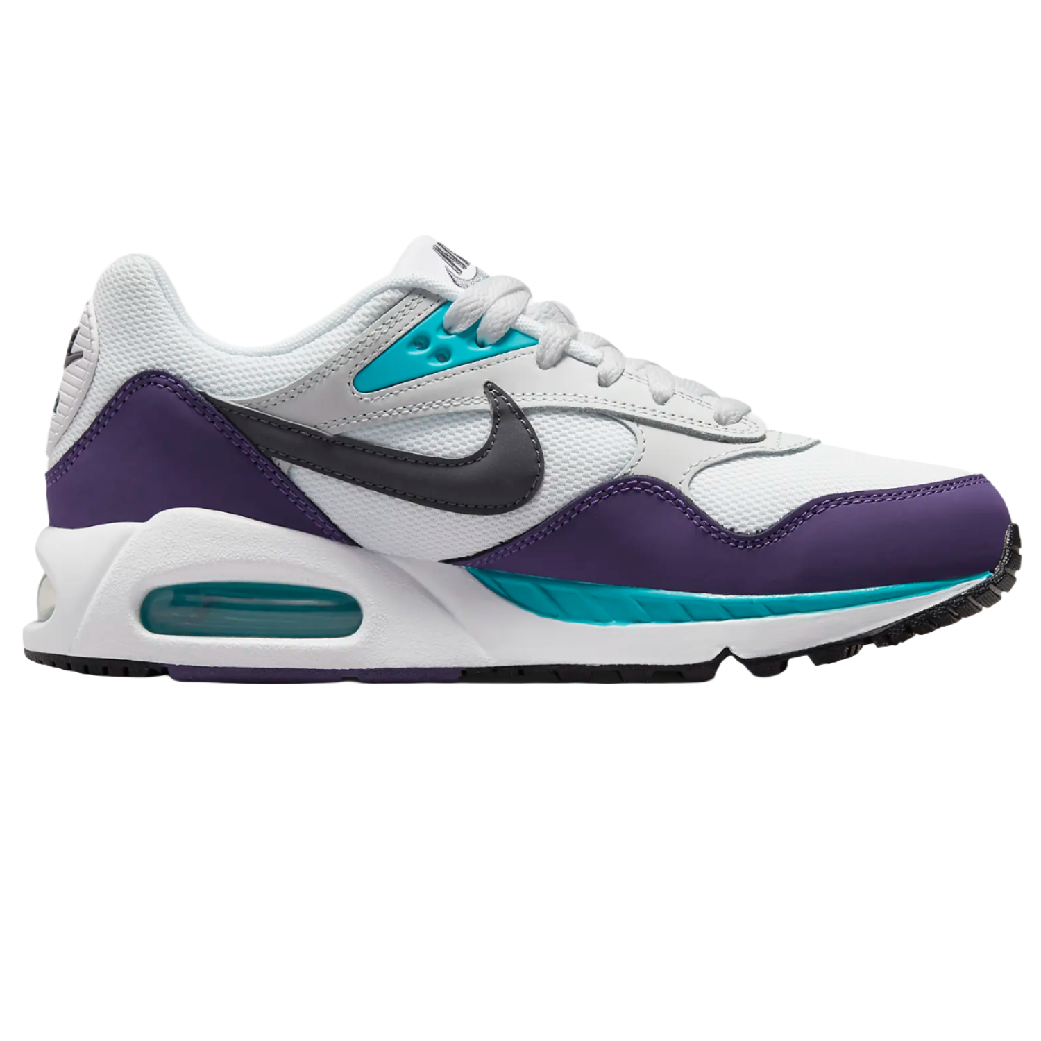 Nike Air Max Correlate shoes feature a combination of white, purple, and teal colors with a prominent black Swoosh. They have a visible air unit in the heel and a patterned outsole for grip.