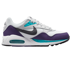 Nike Air Max Correlate shoes feature a combination of white, purple, and teal colors with a prominent black Swoosh. They have a visible air unit in the heel and a patterned outsole for grip.
